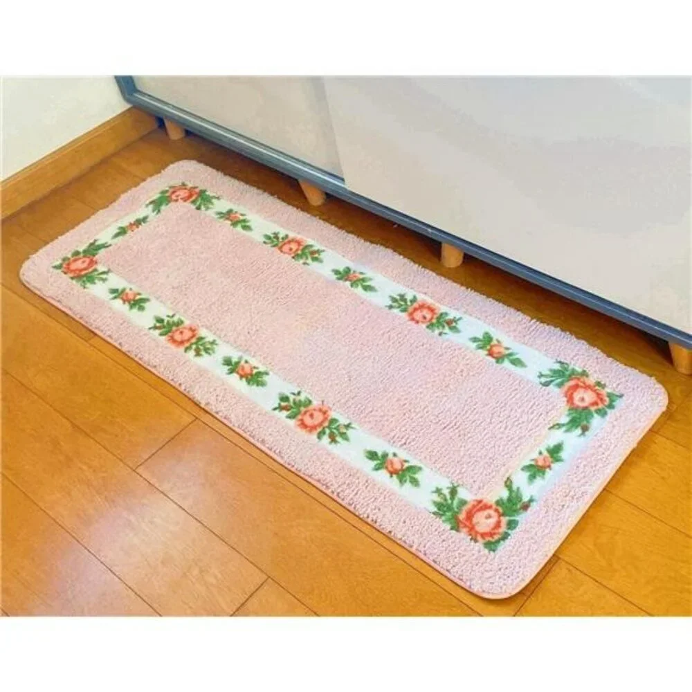 Pink Rose Flower Bath Mat Long Bathroom Rug Soft Non Slip Absorbent Floral 17x47